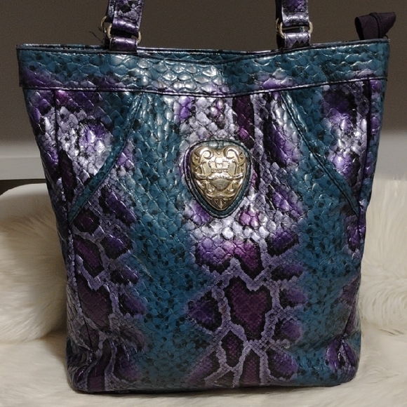 SALE! Beautiful Kathy Van Zeeland Purple 💜 Blue Faux Snakeskin Print Vint Tote - Picture 2 of 15